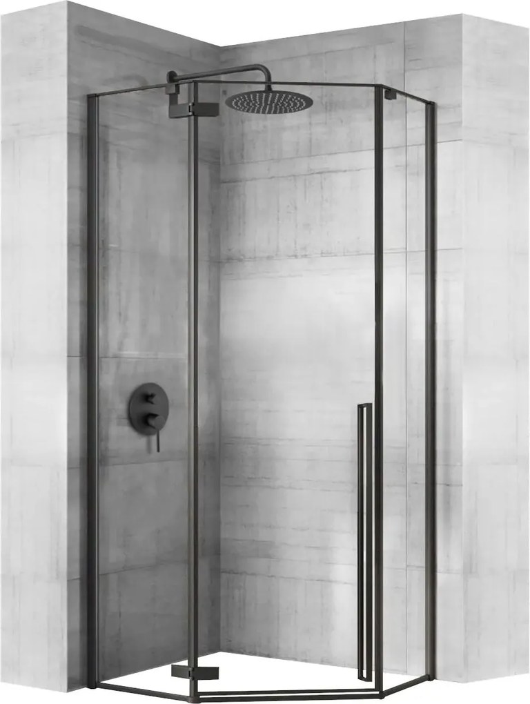 Päťuholníkový sprchovací kút REA DIAMOND 90x90 cm, čierny matný/transparent + vanička Diamond biela