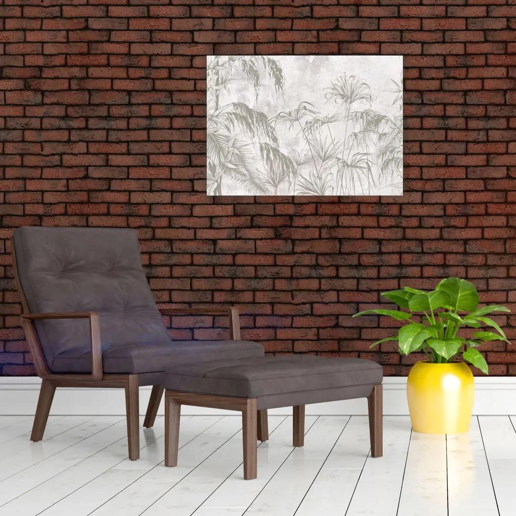 Sklenený obraz - Tropické rastliny na stene v šedej (70x50 cm)