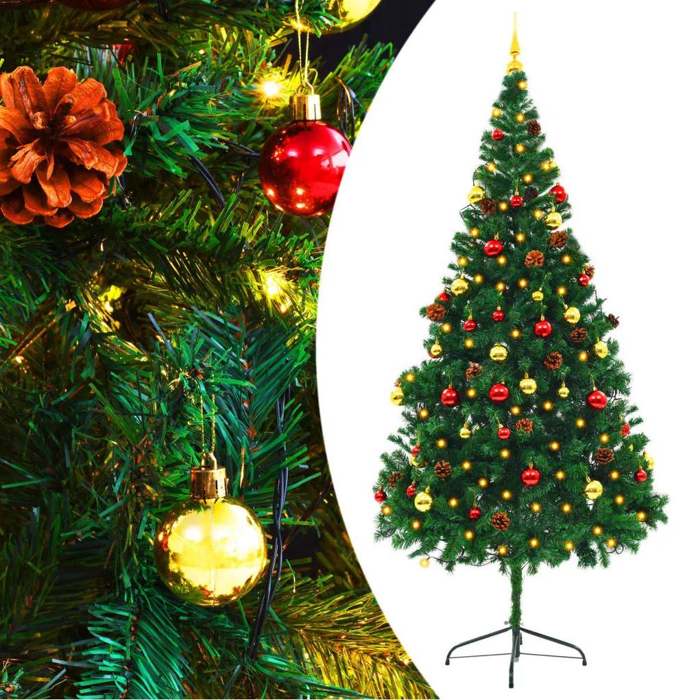 vidaXL Umelý vianočný stromček s ozdobami a LED diódami 210 cm zelený