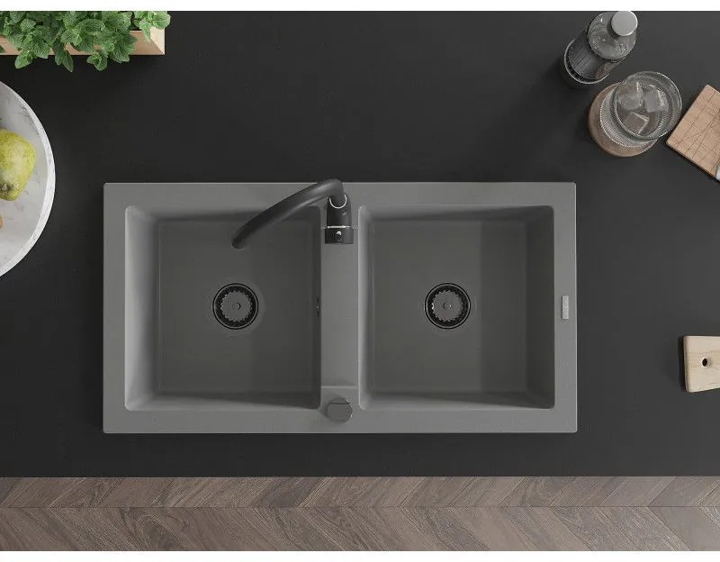 Mexen Mario, granitový drez 820x436x161 mm, 2-komorový, šedá s čiernym sifónom, 6504822000-71-B