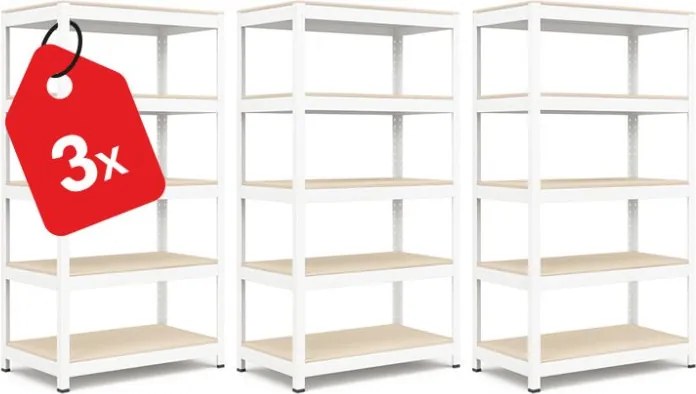 Akcia 3x Regál 183x90x30 cm lakovaný 5-policový, nosnosť 100 kg, RIVET - biely