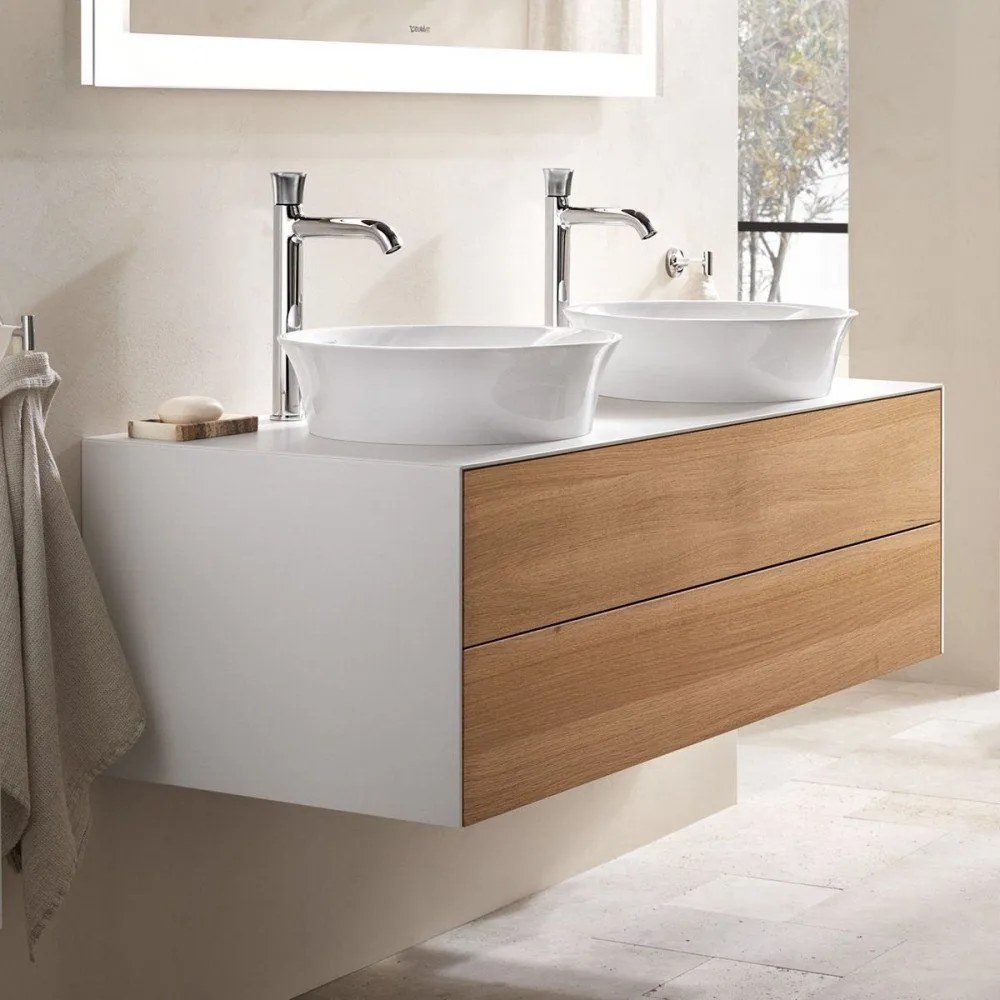 DURAVIT White Tulip závesná skrinka pod dve umývadlá na dosku, 2 zásuvky, 1300 x 550 x 408 mm, americký orech masív/kameňovo šedá vysoký lesk, WT4988B77H2