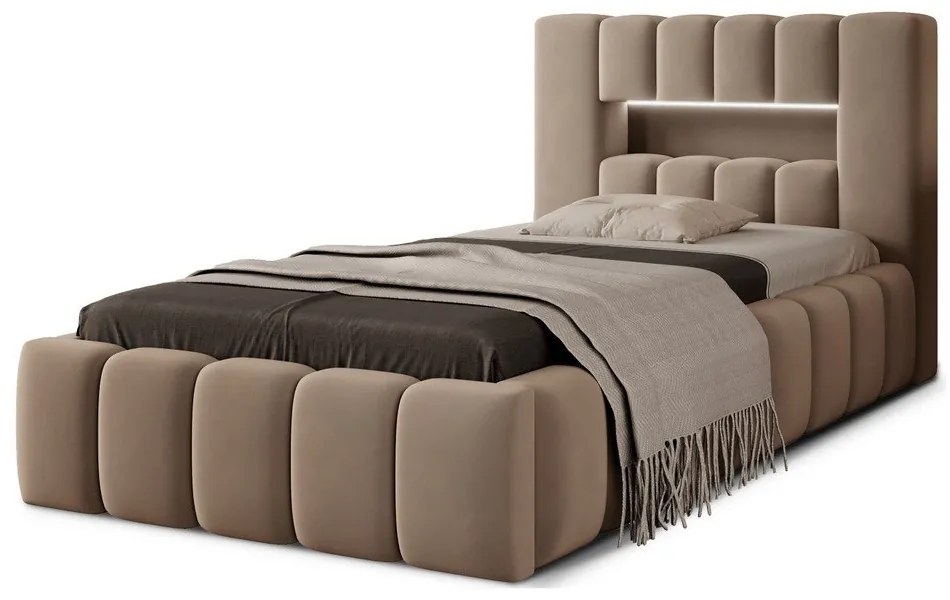 Svetlohnedá čalúnená jednolôžková posteľ s úložným priestorom s roštom 90x200 cm Lamica – ELTAP