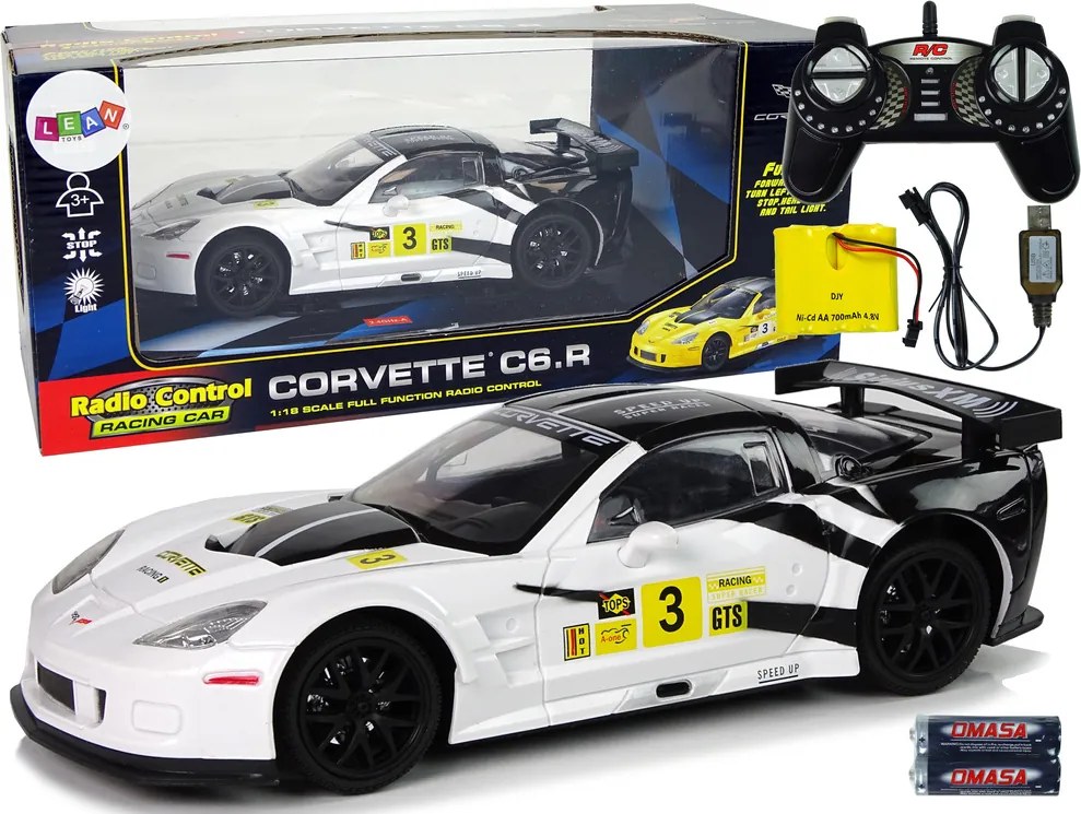 LEAN Toys Športové pretekárske auto R/C v mierke 1:18 Corvette C6.R, biele, 2,4 G, svetlá