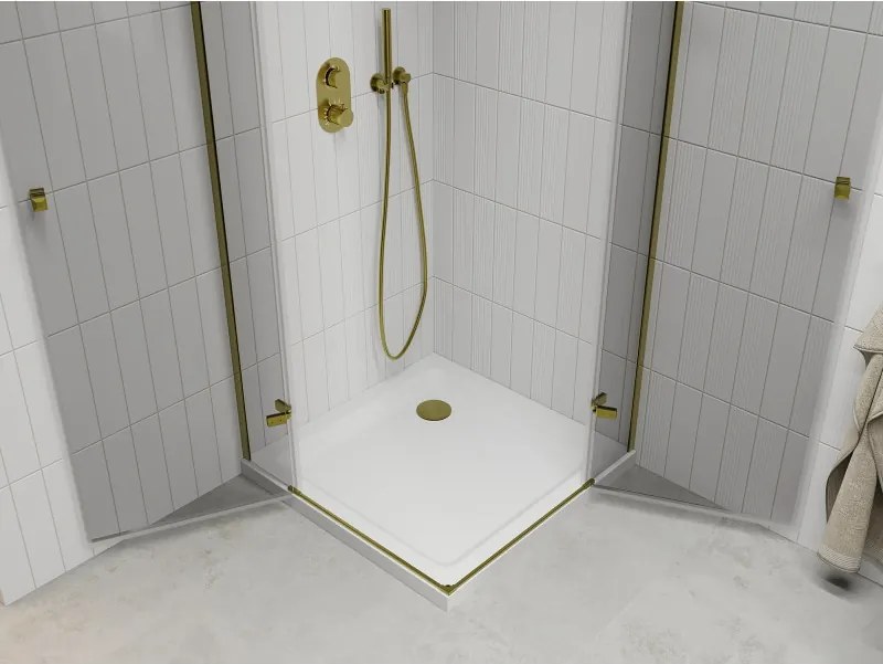 Mexen Roma Duo, sprchový kút 80 (dvere) x 80 (dvere) cm, 6mm číre sklo, zlatý profil + slim sprchová vanička 5cm biela + zlatý sifón, 854-080-080-50-02-4010G