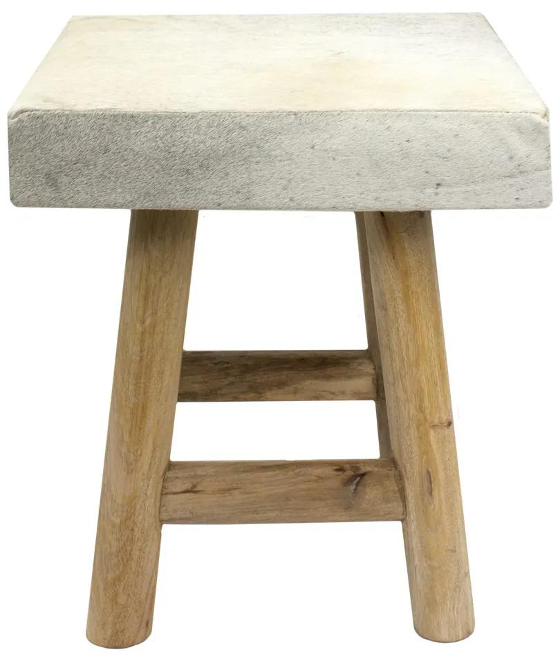 Drevená stolička s šedo bielym štvorcovým podsedákom z hovädzej kože - 35 * 35 * 35cm