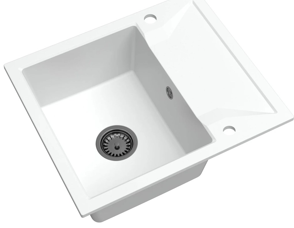 Sink Quality Obsidian, kuchynský granitový drez 590x500x210 mm + čierny sifón, biela, SKQ-OBS.W.1KKO.XB