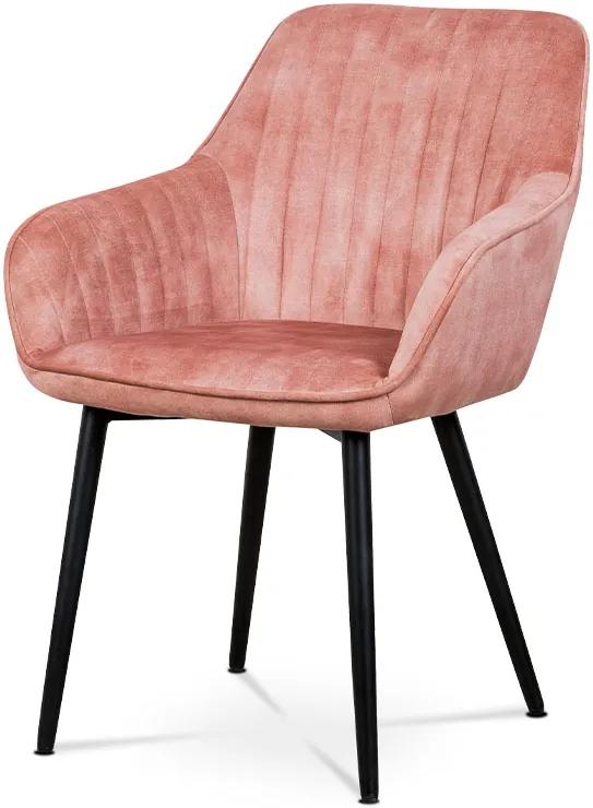 Jedálenská a konferenčná stolička, poťah ružová látka v dekore žíhaného zamatu, kovové nohy - čierny lak