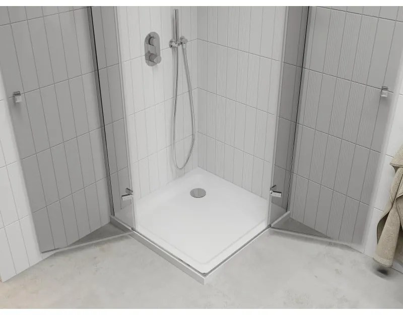 Mexen Roma Duo, sprchovací kút s 2-krídlovými dverami 100 (dvere) x 100 (dvere) cm, 6mm číre sklo, chrómový profil + slim sprchová vanička 5cm biela, 854-100-100-01-02-4010