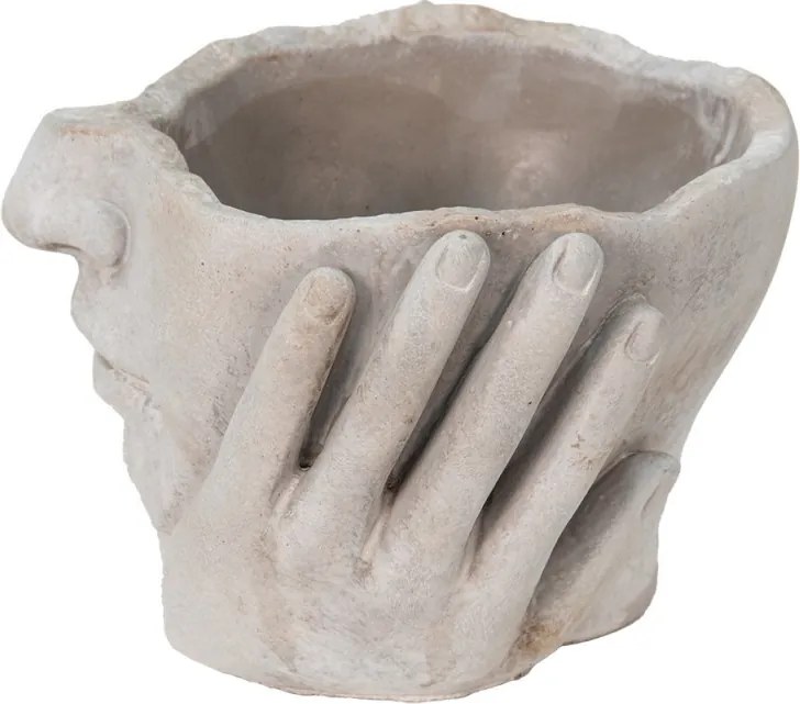 Béžovo-šedý cementový kvetináč ruky podopierajúce tvár - 18*18*13 cm