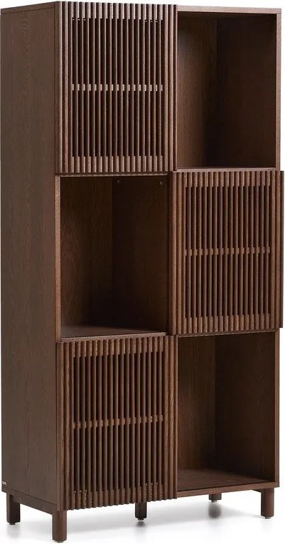 Tmavohnedá knižnica v dekore orecha s posuvnými dverami 84,5x170x42,5 cm Beyla – Kave Home