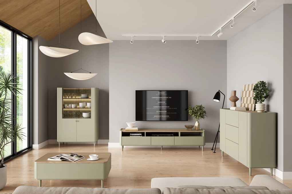 Komoda Elivo 150 cm so zásuvkami na nožičkách - eukalyptus / dub baltic dune