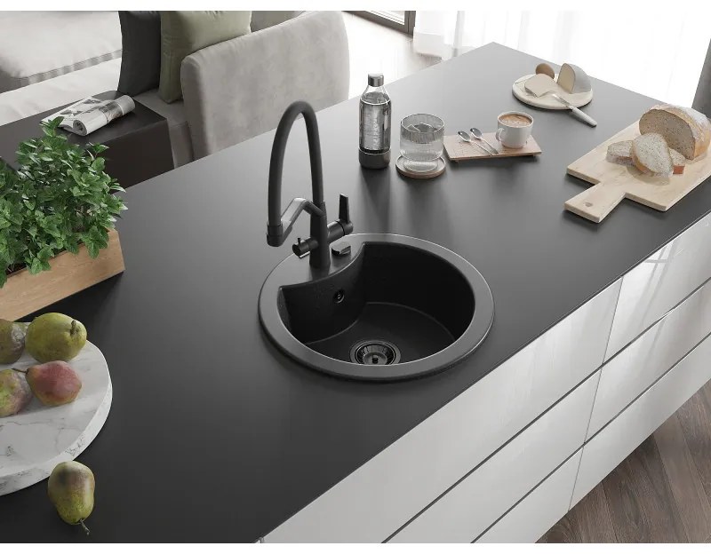 Mexen Diego, 1-komorový granitový drez 488x488x167 mm a drezová batéria Duo, čierna-strieborná metalíza, 6512-73-671701-70-B