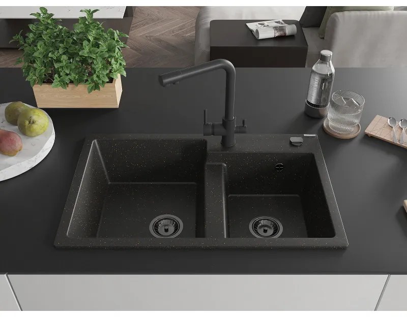 Mexen Tomas, granitový drez 800x500x190 mm, 2-komorový a čierna batéria Duero, čierna - zlatá metalíza, 6516-75-671600-70-B