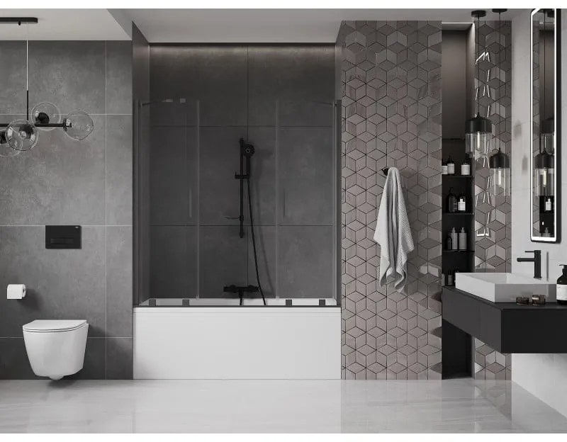 Mexen Velar Duo, 2-krídlová posuvná vaňová zástena 150 x 150 cm, 8mm číre sklo, čierny matný profil, 896-150-000-02-70