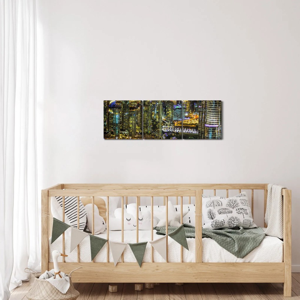 Obraz nočného mesta (s hodinami) (90x30 cm)