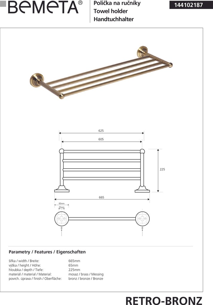 Bemeta Design RETRO bronz: Držiak uterákov, 605 mm - 144102187