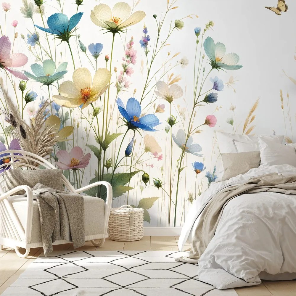 Tapeta pastelové kvety a lietajúce motýle