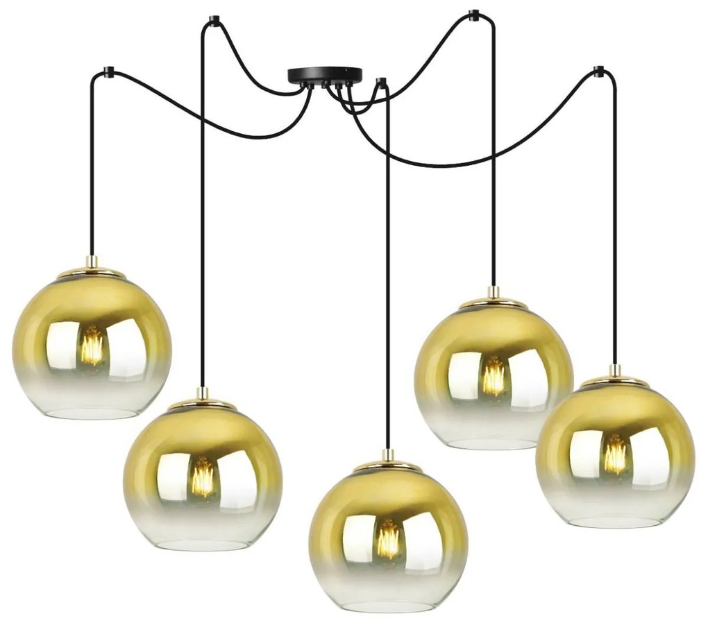 Závesné svietidlo Bergen Gold Spider, 5x zlaté/transparentné sklenené tienidlo (fi 15cm)