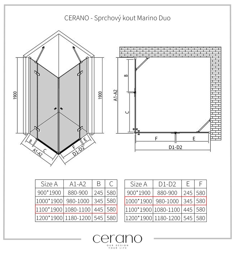 Cerano Marino Duo, sprchovací kút 110(dvere) x 90(dvere), 6mm číre sklo, čierny profil, CER-CER-480208