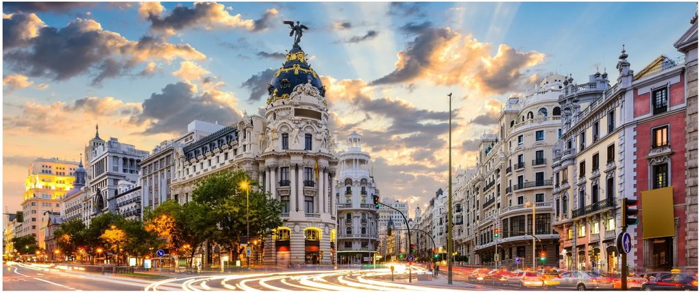 Obraz - Calle Gran Vía, Madrid, Španielsko (120x50 cm)