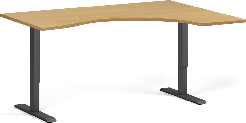 Ergonomický výškovo nastaviteľný stôl, 160x120 cm, 1 motor, L/P, čierna podnož, buk