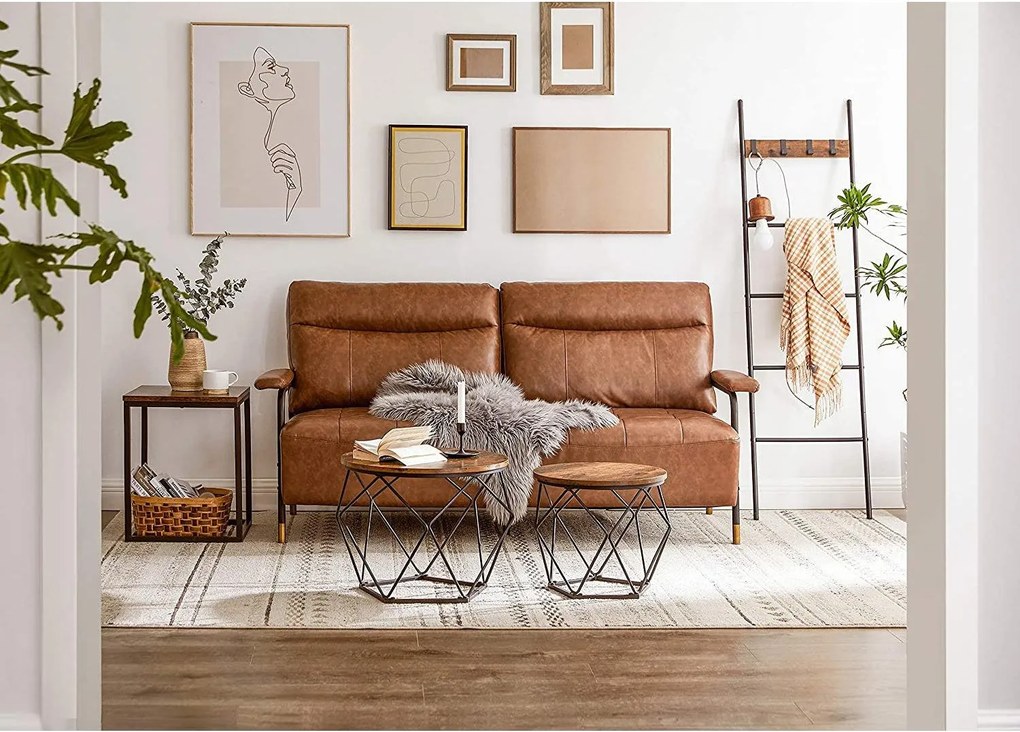 Konferenčné stolíky, 2 príručné stolíky s robustným oceľovým rámom, rustikálne hnedé