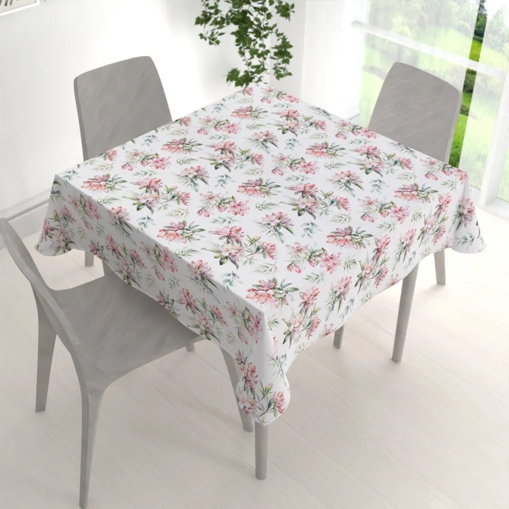Biante Teflónový štvorcový obrus TF-134 Akvarelové kvety rododendrónu na bielom 100x100 cm