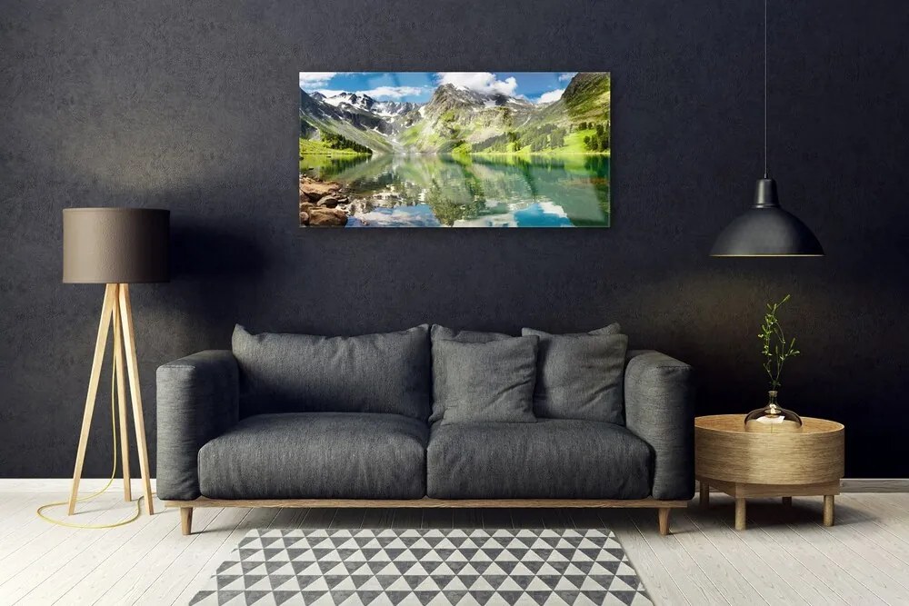 Obraz na skle Hora jazero príroda 120x60 cm