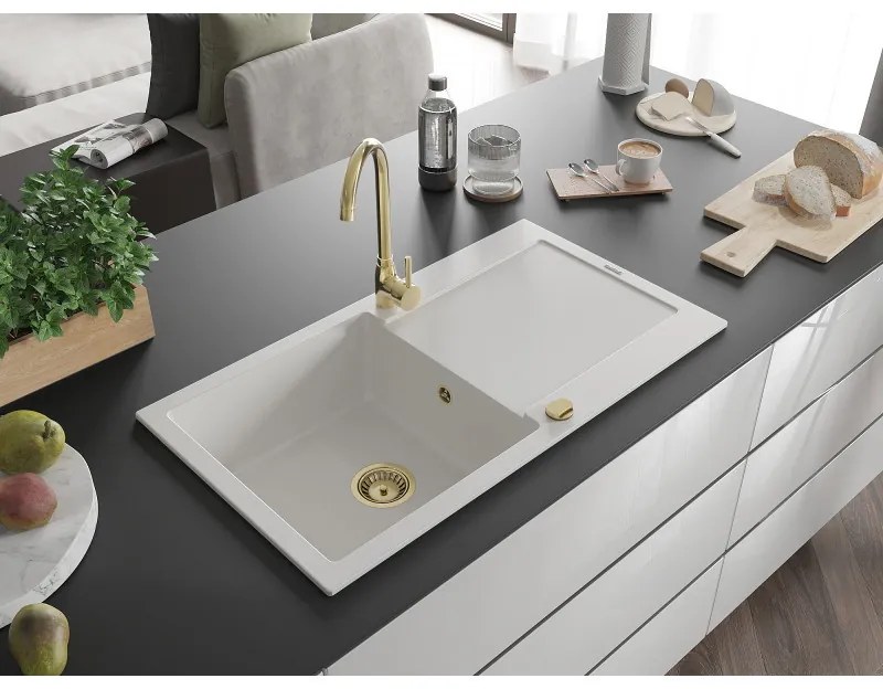 Mexen Leo, drez granitový 900x500x190 mm, 1-komorový, biela so zlatým sifónom, 6501901010-20-G