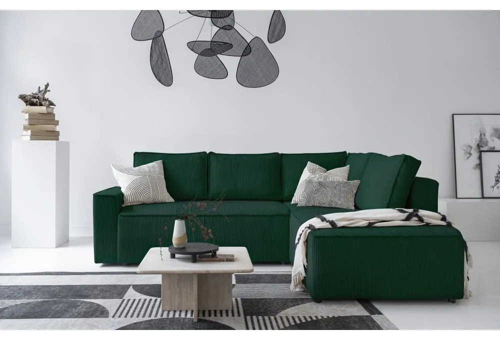 Tmavozelená menčestrová rozkladacia rohová pohovka (pravý roh) Brave Dave – Miuform