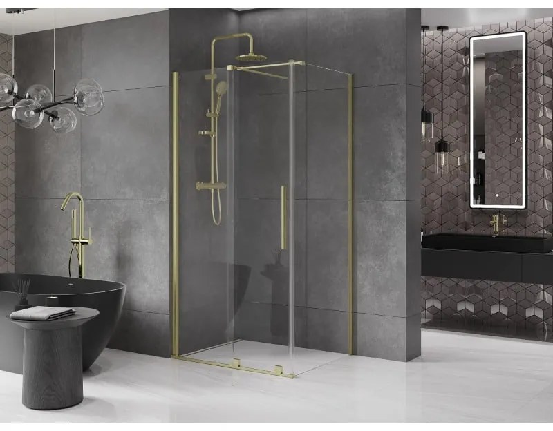 Mexen Velar, sprchový kút s posuvnými dverami 100(dvere) x 75(stena) cm, 8mm číre sklo, zlatá matná, 871-100-075-01-55