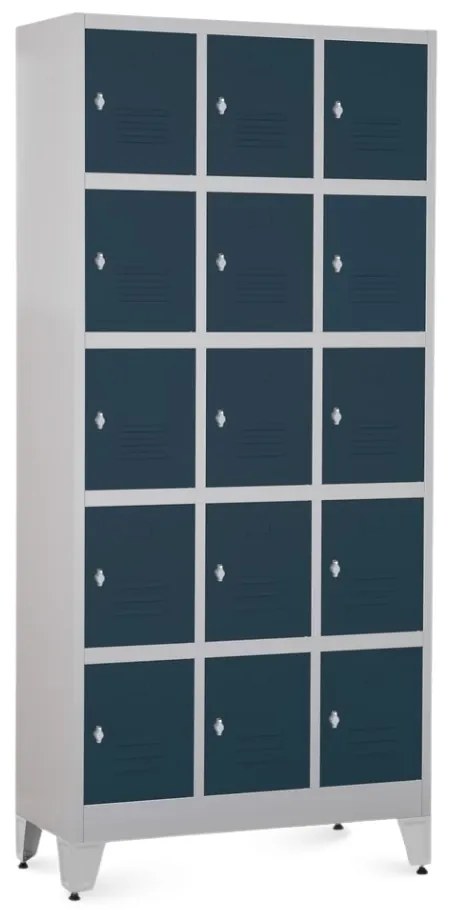 Kovová šatníková skrinka - 15 boxov, 90 x 40 x 196,5 cm, nastaviteľné nôžky, otočný zámok, antracitová - ral 7016
