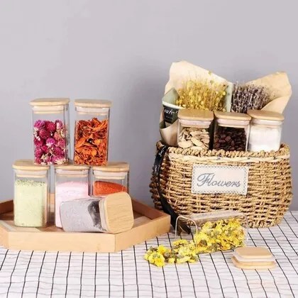 Orion Sada 6ks koreničiek, sklenené hranaté s bambusovým viečkom, CUBE 6 x 200l