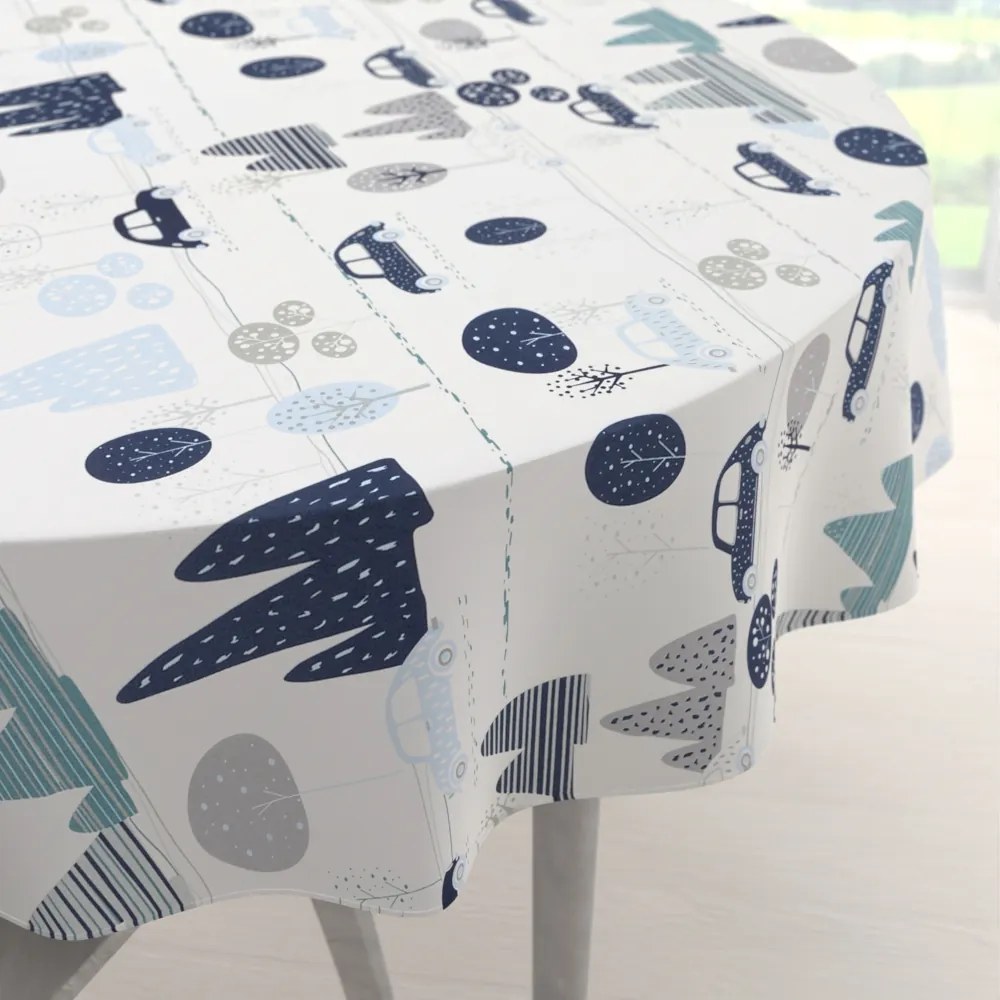 Biante Detský bavlnený okrúhly obrus Sandra SA-685 Modré autá medzi stromami na bielom Ø 150 cm