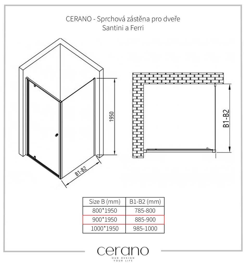 CERANO Cerano, sprchová zástena pre dvere Santini a Ferri 90x195 cm, 6mm číre sklo, chrómový profil, CER-CER-425644