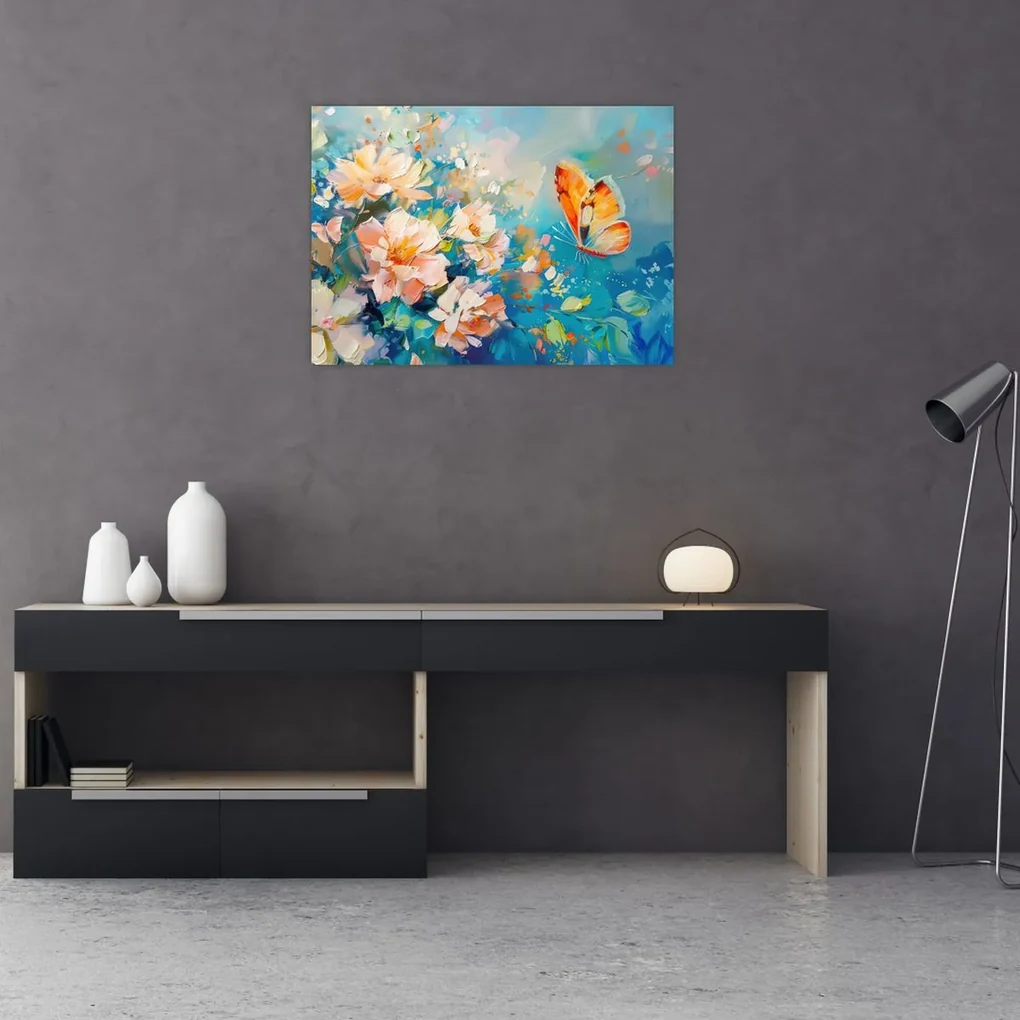 Obraz - Motýľ a kvety, olejomaľba II. (70x50 cm)