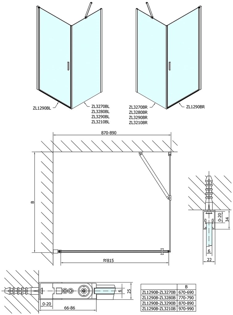 Polysan Polysan, Zoom Line Black obdĺžniková sprchová zástena 900x800mm L/P varianta, ZL1290BZL3280B