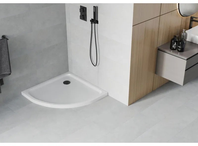 Mexen SLIM - štvrťkruhová sprchová vanička 70x70x5cm + čierny sifón, biela, 41107070B