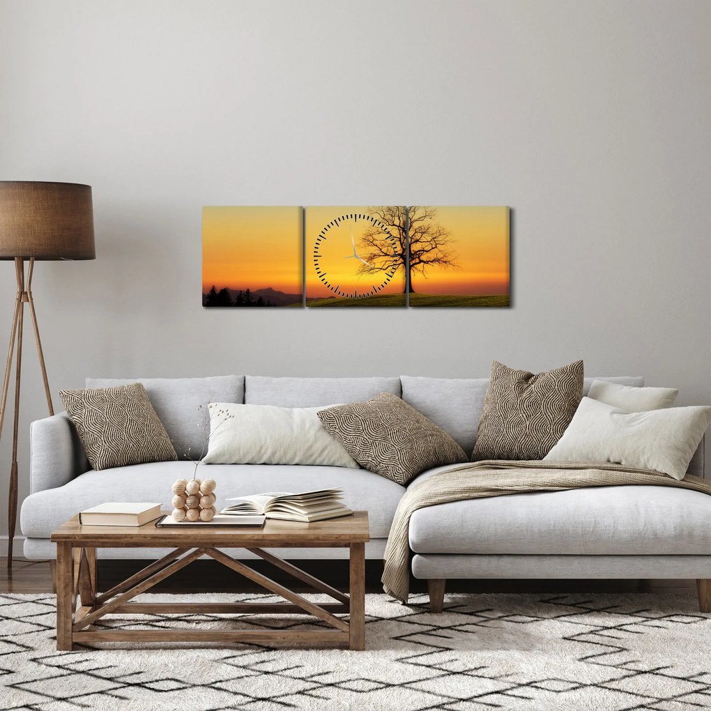 Obraz stromu na poli (s hodinami) (90x30 cm)