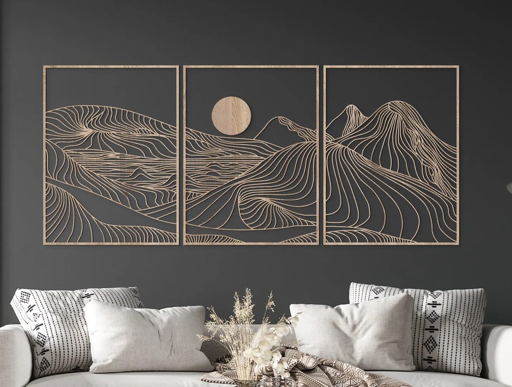 drevko 3-dielny lineart obraz Hory a slnko Rozmer obrazu: 52 x 120 cm, Farba dekorácie: Čierna