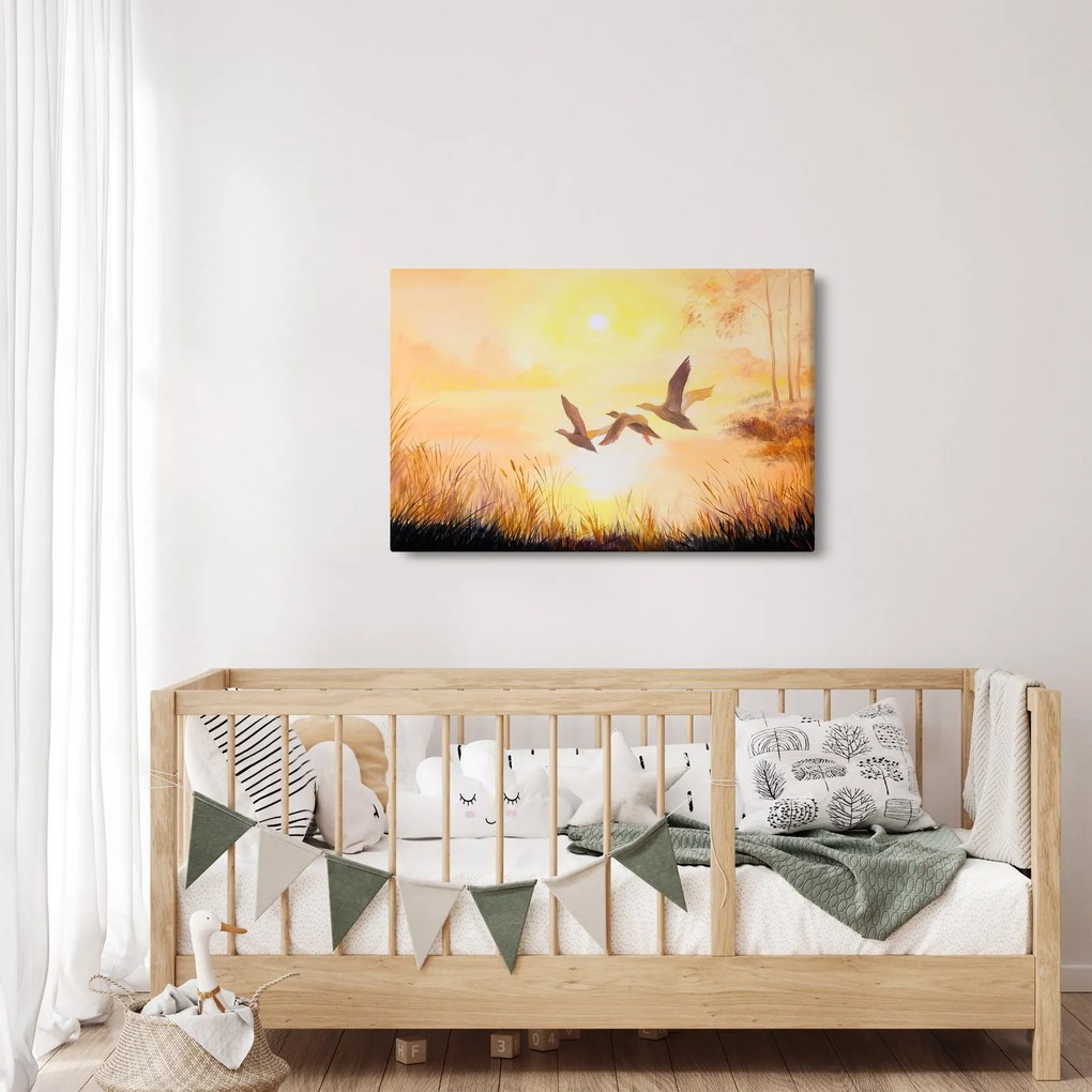 Obraz - Žeriavy pri západe slnka (90x60 cm)