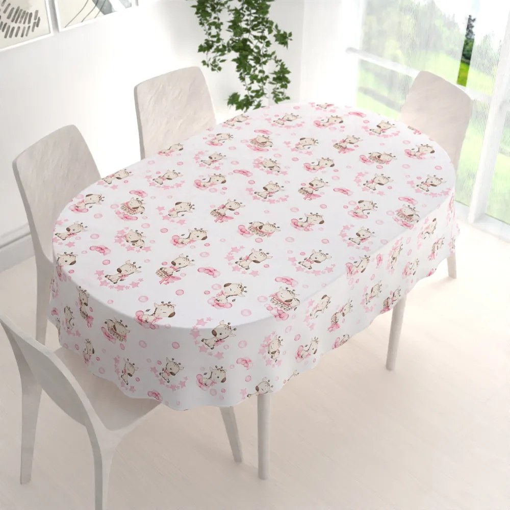 Biante Detský bavlnený oválny obrus Sandra SA-438 Ružové žirafy na bielom 140x220 cm