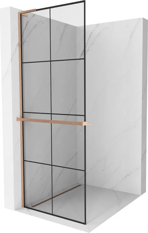 Mexen Kioto+ L, sprchová zástena Walk-In s poličkou a vešiakom 70 x 200 cm, 8mm číre sklo čierny vzor, medený matný profil, 800-070-123-65-77