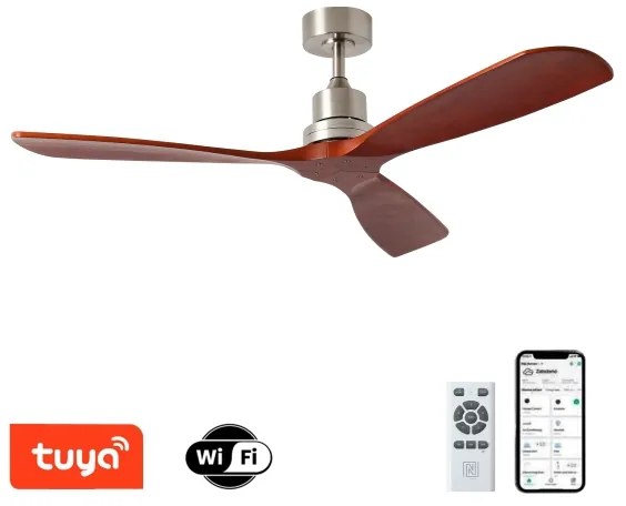 ZEVENTI - Stropný ventilátor LIONI Wi-Fi Tuya chróm/dub + diaľkový ovládač