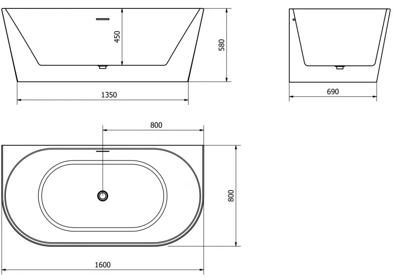 Mexen Oval, voľne stojaca nástenná vaňa 160 x 80 cm, biela, brúsený grafit prepad, 52671608000-95