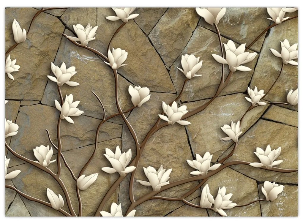 Sklenený obraz - Biele magnólie na kamennom murive (70x50 cm)
