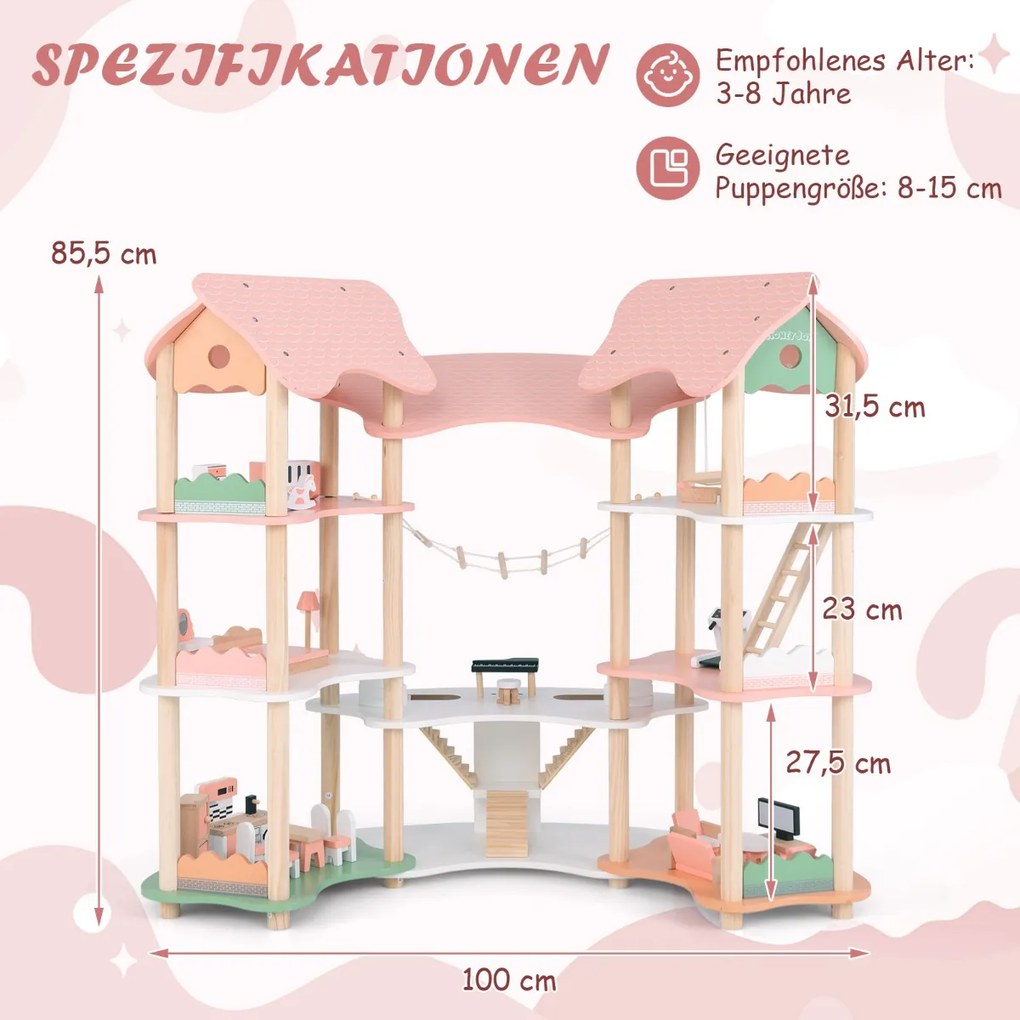 Detský drevený domček pre bábiky s 32 realistickými nábytkovými doplnkami a strechami Dom snov pre domácich majstrov