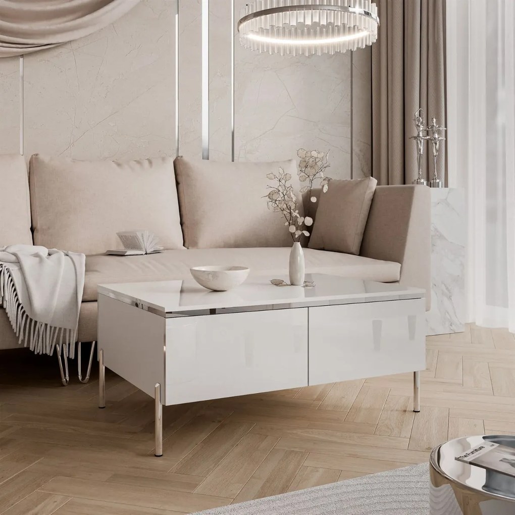 KONFERENČNÝ STOLÍK NESSIE 2 BIELY LESK + STRIEBORNÝ 90 cm