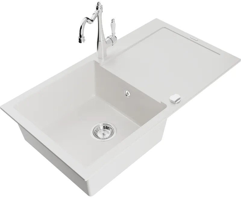 Mexen Leo, granitový drez 900x500x190 mm, 1-komorový a drezová batéria Carla, biela, 6501-20-670700-00